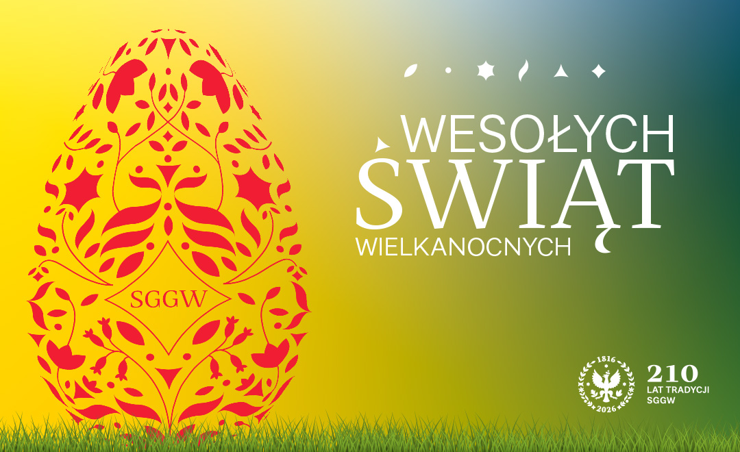 Grafika wielkanocna z motywem pisanki i identyfikacją Szkoła Główna Gospodarstwa Wiejskiego w Warszawie.