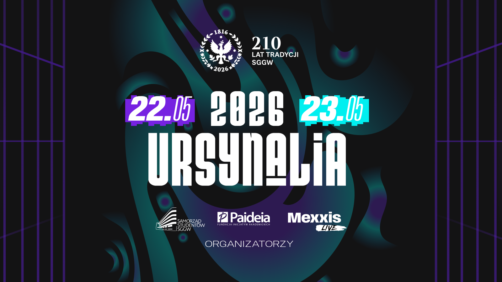 Baner promujący festiwal Ursynalia 2025. Na ciemnym tle z dynamicznymi, żółtymi efektami dymu tekst: „23–24.05 2025, 40 edycja URSYNALIA”. Styl graficzny nowoczesny i energetyczny