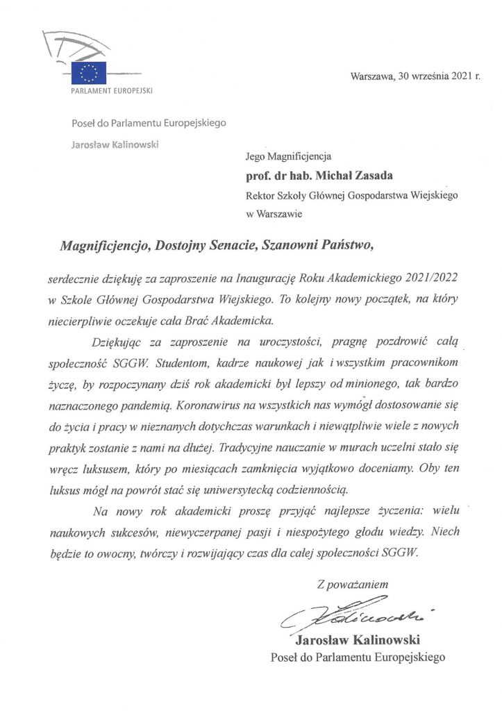 list_inauguracja_jaroslaw_kalinowski