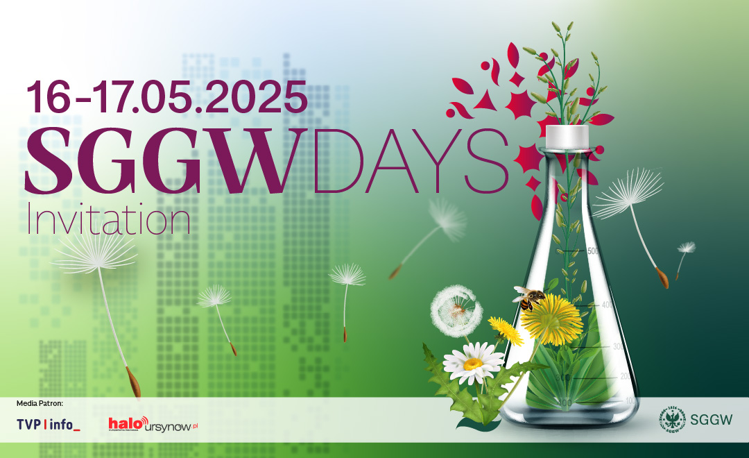 Invitation to SGGW days, 16 and 17 May 2025, green background, some dandelions, dandelions, bee