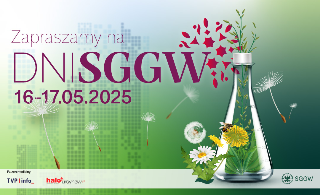 Zaproszenie na dni SGGW, 16 i 17 maja 2025 roku, zielone tło, kilka mleczy, dmuchawce, pszczoła