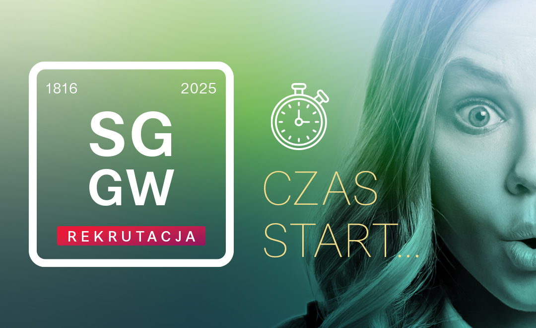 Grafika promująca rekrutację na SGGW 2025. Po lewej stronie logo uczelni z napisem ‘SGGW Rekrutacja’, po prawej napis ‘Czas start…’ i grafika stopera. W tle zielono-niebieskie gradientowe tło i zaskoczona twarz młodej kobiety.