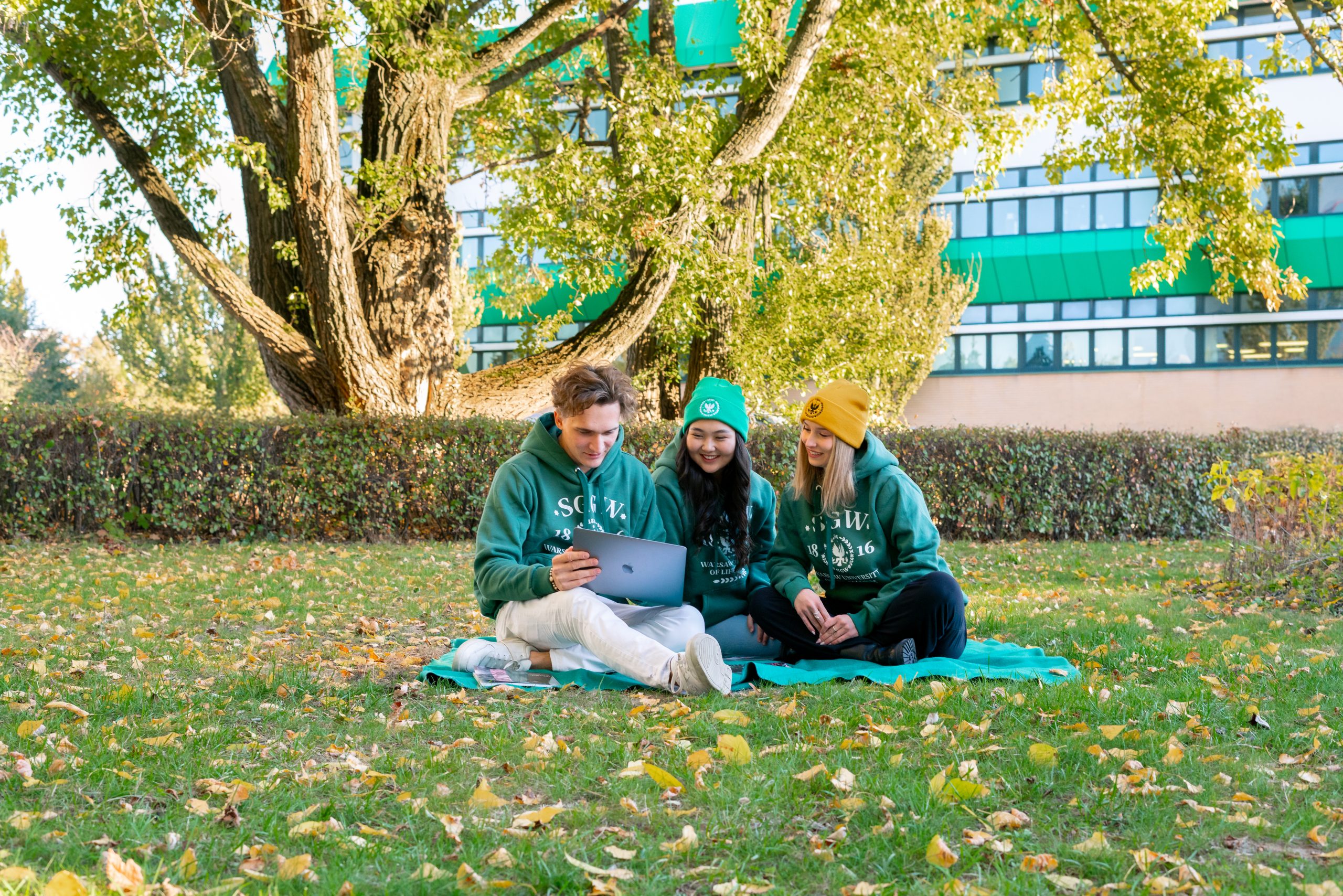 Trójka studentów SGGW w zielonych bluzach z logo uczelni siedzi na kocu na trawie na kampusie, wspólnie oglądają coś na laptopie.