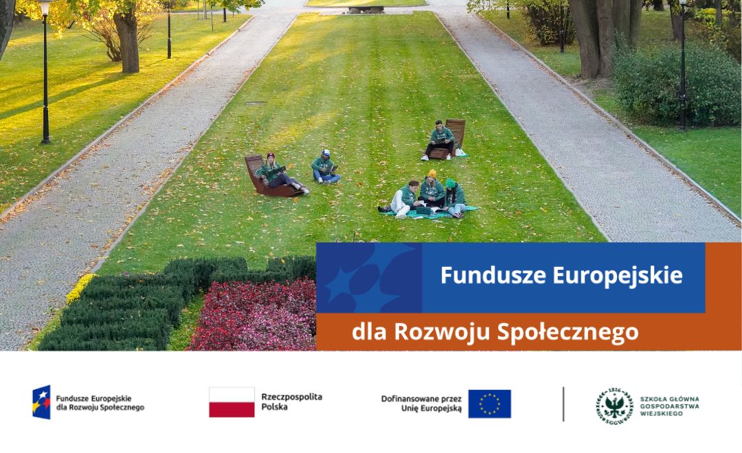 Studenci SGGW uczą się na trawniku kampusu. Na dole grafiki logotypy programu Fundusze Europejskie dla Rozwoju Społecznego, Polski, Unii Europejskiej i SGGW.