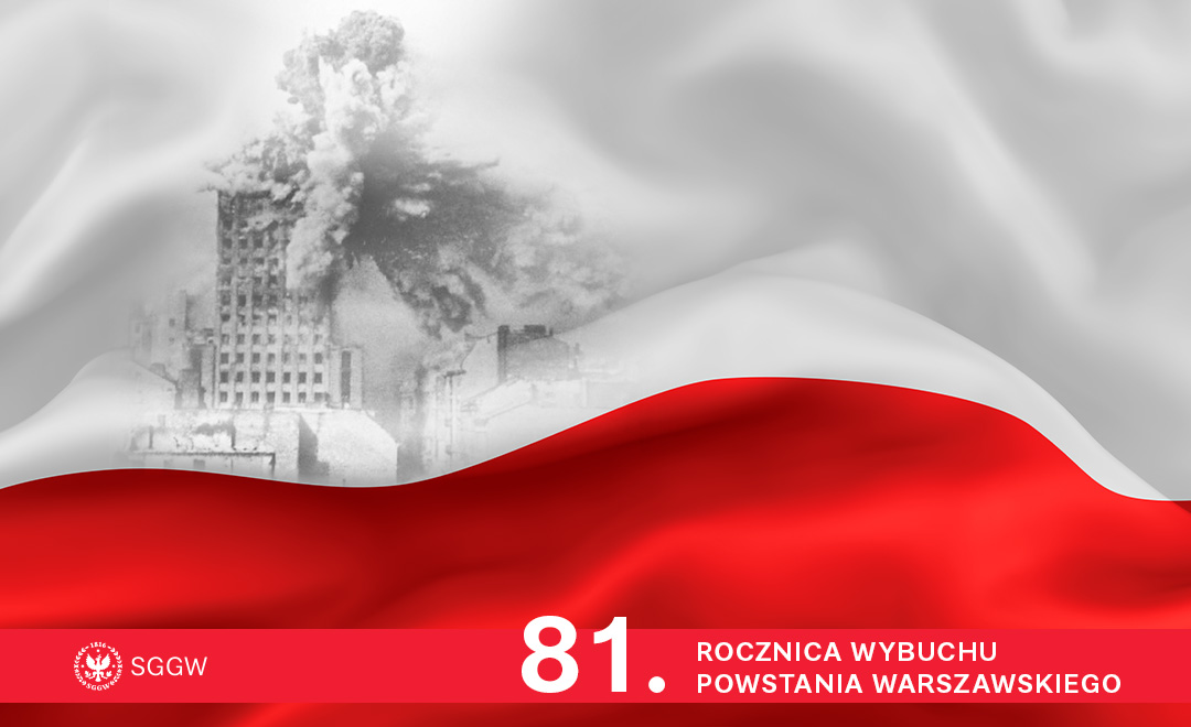 Grafika upamiętniająca 81. rocznicę wybuchu Powstania Warszawskiego. W tle biało-czerwona flaga Polski, na której widnieje czarno-białe zdjęcie płonącego budynku Prudential w czasie powstania. Na dole czerwony pas z logo SGGW oraz napisem: '81. rocznica wybuchu Powstania Warszawskiego'