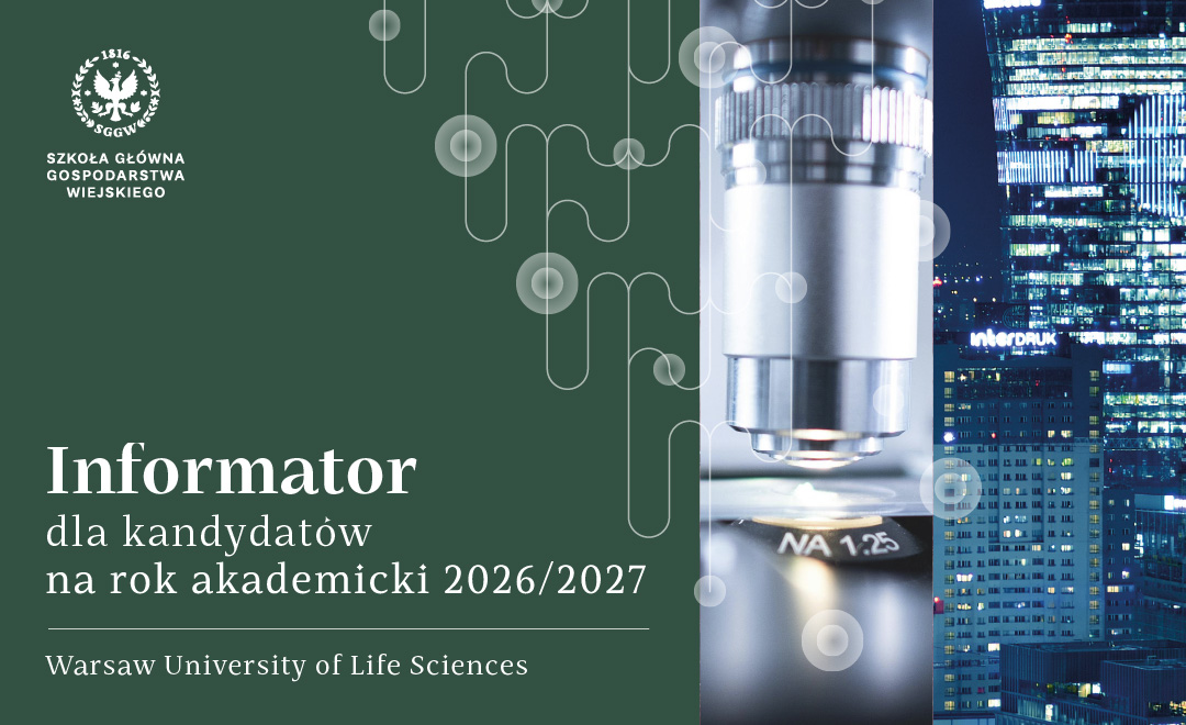 Informator dla kandydatów SGGW 2026/2027 – okładka z mikroskopem i panoramą Warszawy.