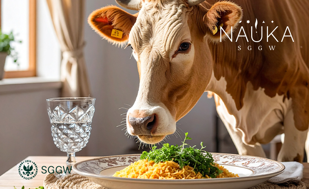 Bordowa krowa przy eleganckim stole