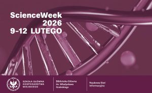 Grafika promująca ScienceWeek 2026 (9–12 lutego) z&nbsp;motywem helisy DNA w&nbsp;odcieniach fioletu oraz logotypami SGGW, Biblioteki Głównej i&nbsp;Naukowej Sieci Informacyjnej.