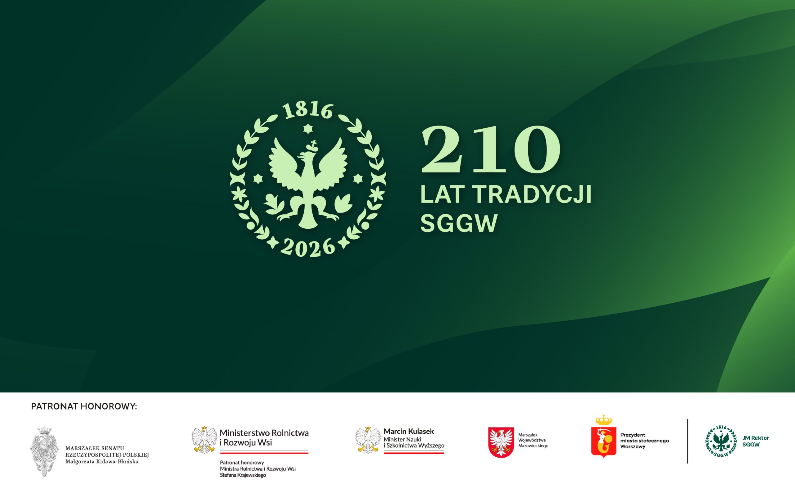 Grafika jubileuszowa SGGW z herbem uczelni oraz napisem: 210 lat tradycji SGGW, lata 1816–2026.
