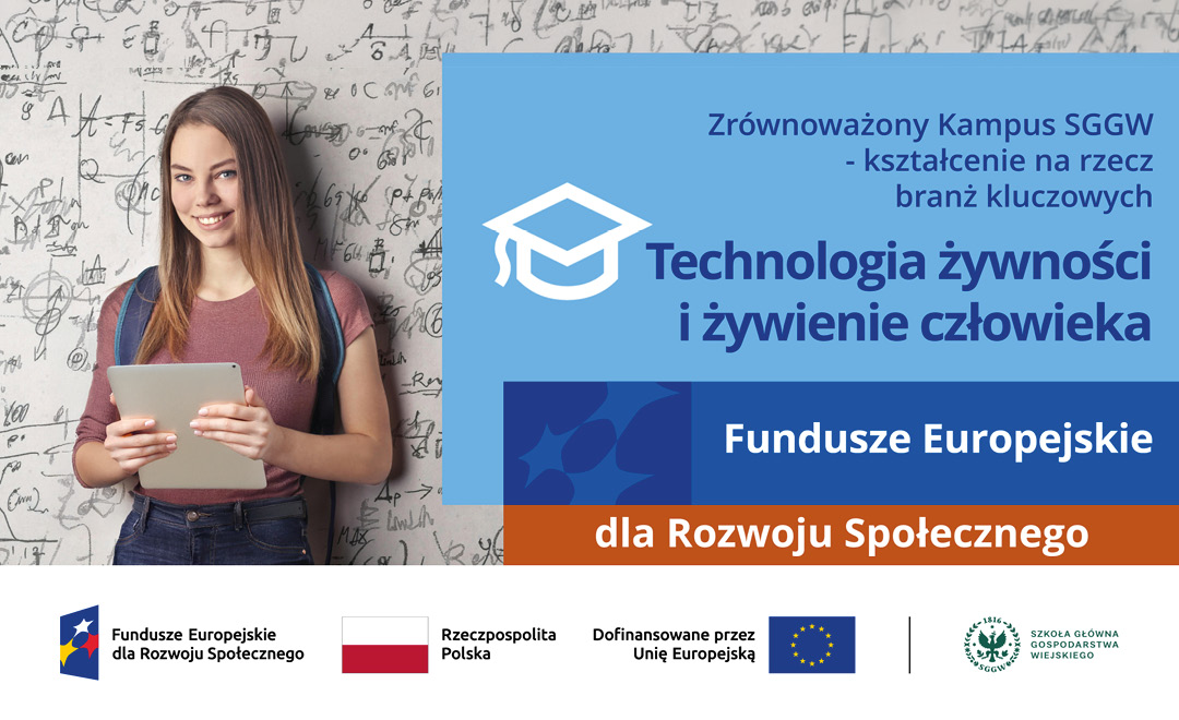 Grafika promocyjna projektu edukacyjnego SGGW. Po lewej młoda kobieta z tabletem i plecakiem, stojąca na tle ściany z notatkami i wzorami. Po prawej tekst: „Zrównoważony Kampus SGGW – kształcenie na rzecz branż kluczowych. Technologia żywności i żywienie człowieka”. Na dole logotypy Funduszy Europejskich dla Rozwoju Społecznego, Rzeczypospolitej Polskiej, Unii Europejskiej oraz SGGW
