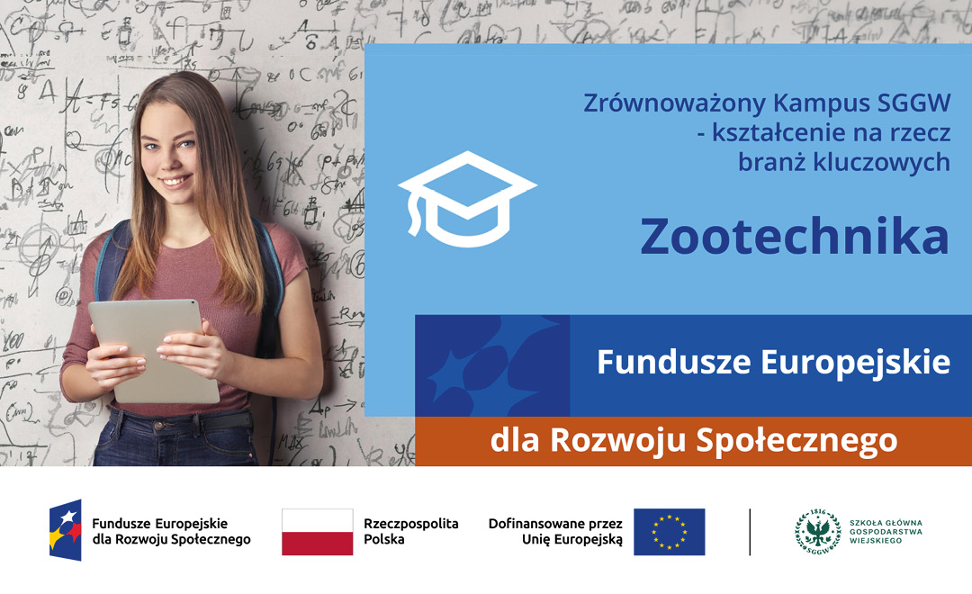 Grafika promocyjna projektu edukacyjnego SGGW. Po lewej młoda kobieta z tabletem i plecakiem, stojąca na tle ściany z notatkami i wzorami. Po prawej tekst: „Zrównoważony Kampus SGGW – kształcenie na rzecz branż kluczowych. Zootechnika". Na dole logotypy Funduszy Europejskich dla Rozwoju Społecznego, Rzeczypospolitej Polskiej, Unii Europejskiej oraz SGGW