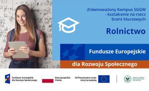 Grafika promocyjna projektu edukacyjnego SGGW. Po lewej młoda kobieta z tabletem i plecakiem, stojąca na tle ściany z notatkami i wzorami. Po prawej tekst: „Zrównoważony Kampus SGGW – kształcenie na rzecz branż kluczowych. Rolnictwo”. Na dole logotypy Funduszy Europejskich dla Rozwoju Społecznego, Rzeczypospolitej Polskiej, Unii Europejskiej oraz SGGW