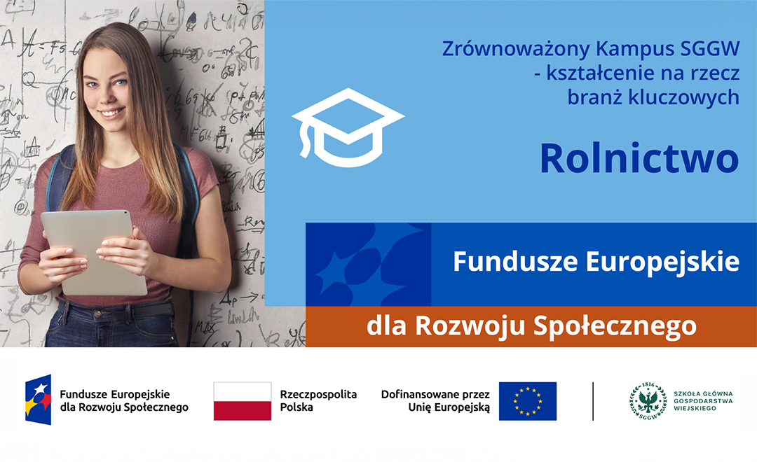 Grafika promocyjna projektu edukacyjnego SGGW. Po lewej młoda kobieta z tabletem i plecakiem, stojąca na tle ściany z notatkami i wzorami. Po prawej tekst: „Zrównoważony Kampus SGGW – kształcenie na rzecz branż kluczowych. Rolnictwo”. Na dole logotypy Funduszy Europejskich dla Rozwoju Społecznego, Rzeczypospolitej Polskiej, Unii Europejskiej oraz SGGW