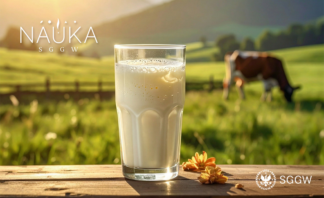 szklanka mleka na stoliku w tle łąka i krowa