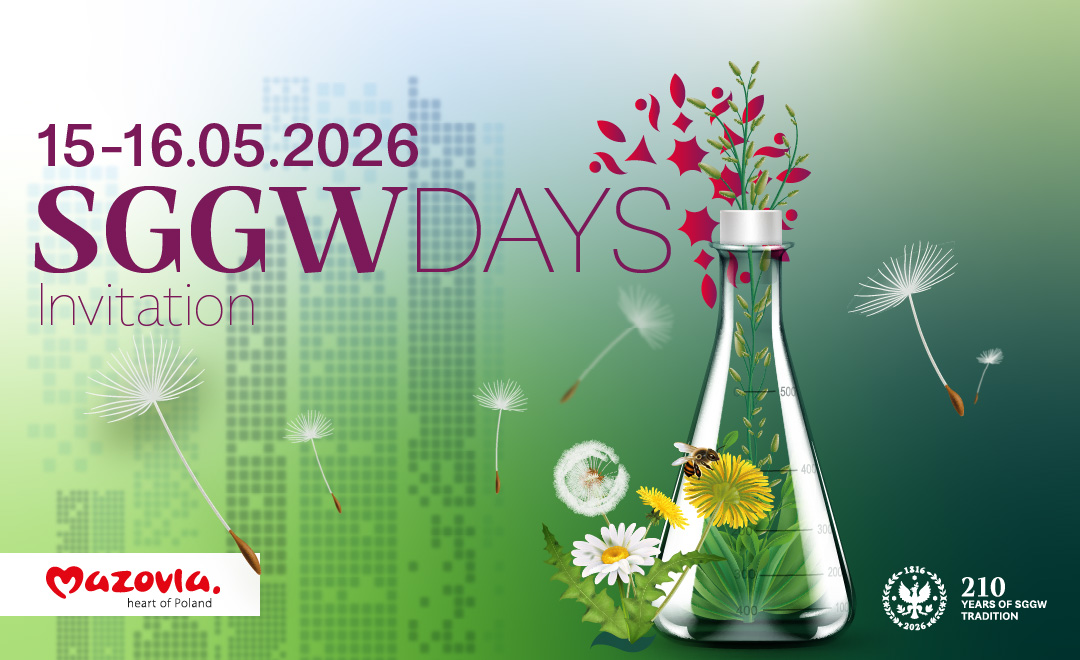 Invitation to SGGW days, 16 and 17 May 2025, green background, some dandelions, dandelions, bee