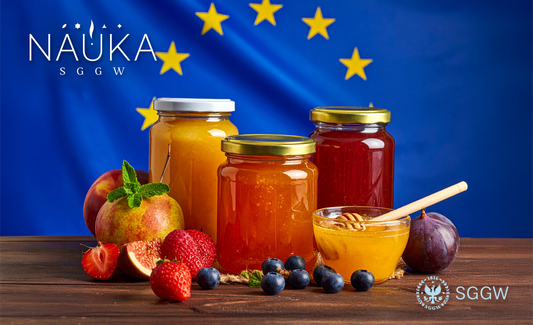 Miody w słoikach na tle flagi unijnej